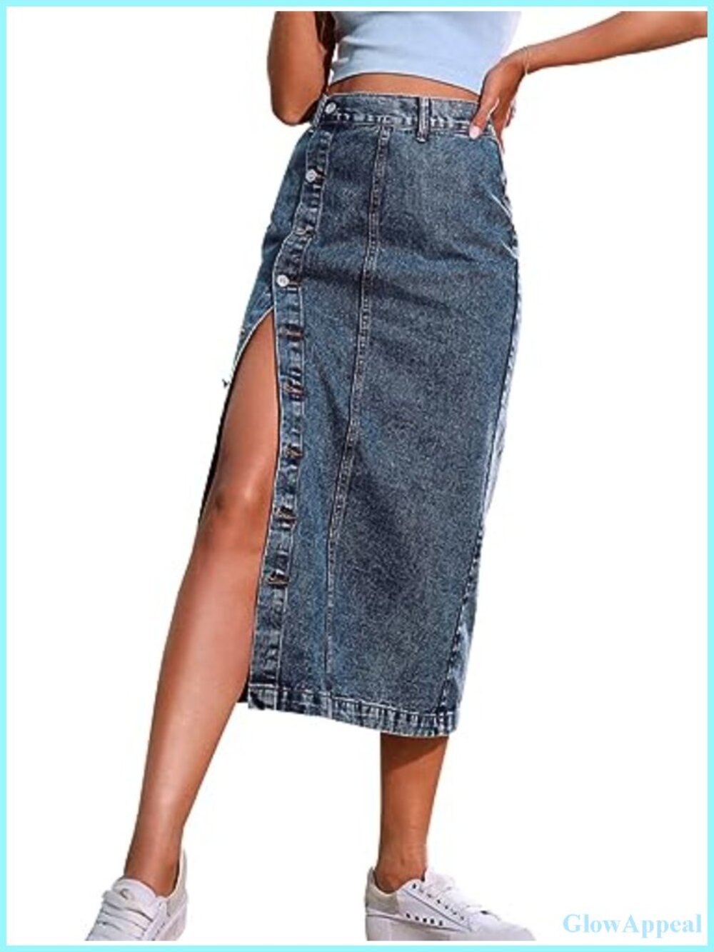 Women's Denim Midi Jean Skirt Stretch Frayed Slit Pockets